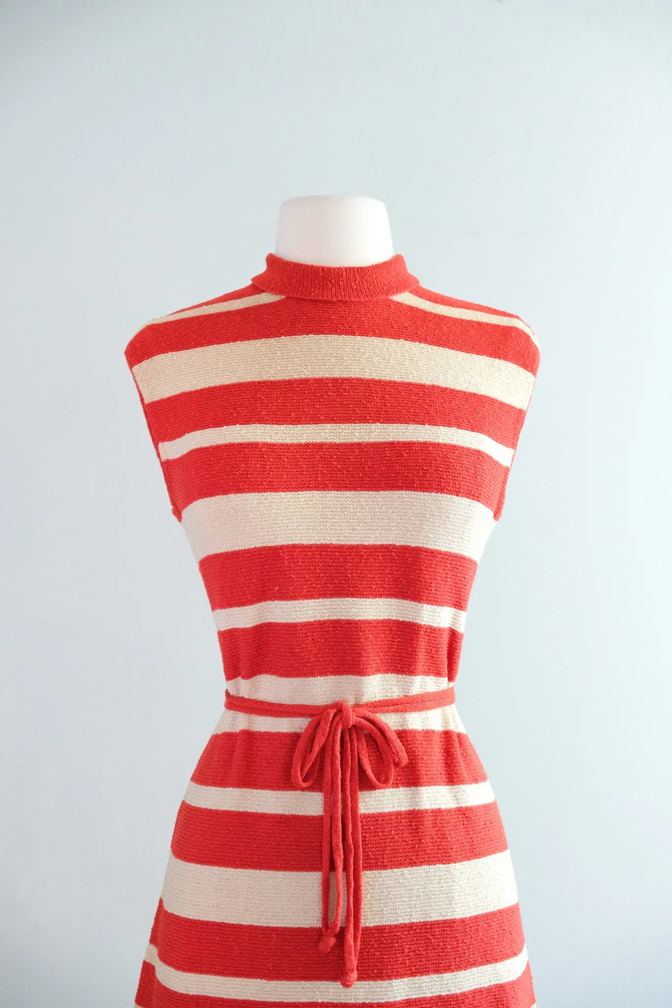 Charming 1960's Tomato Red Striped Knit Dress Set / M