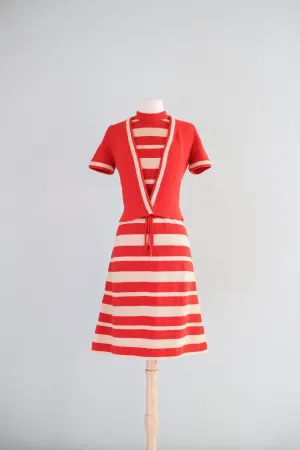 Charming 1960's Tomato Red Striped Knit Dress Set / M