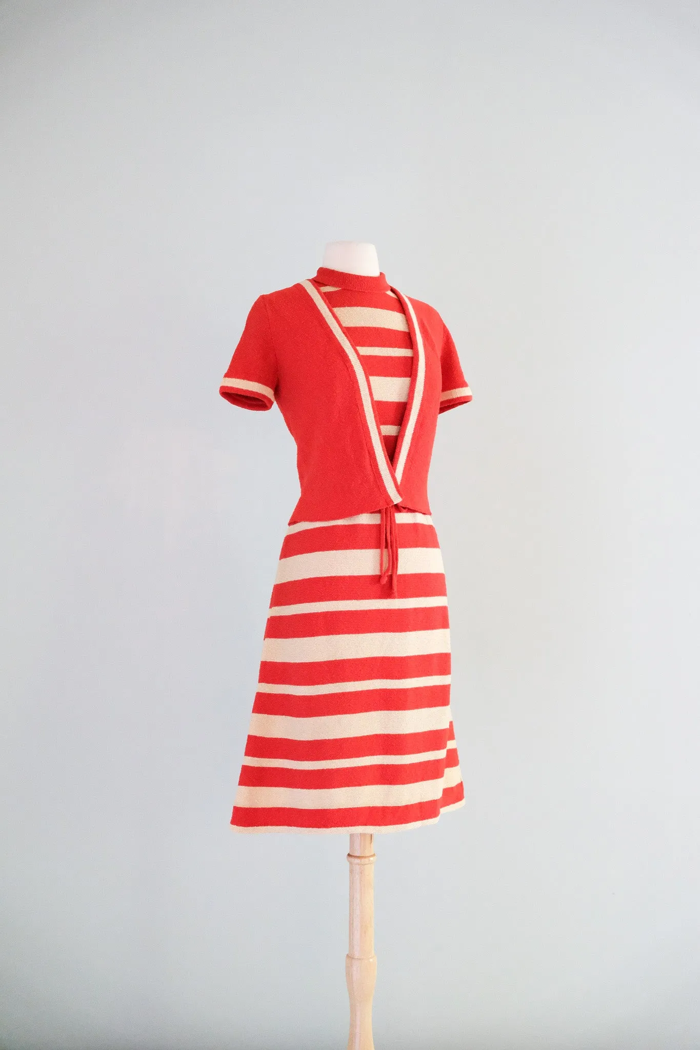 Charming 1960's Tomato Red Striped Knit Dress Set / M