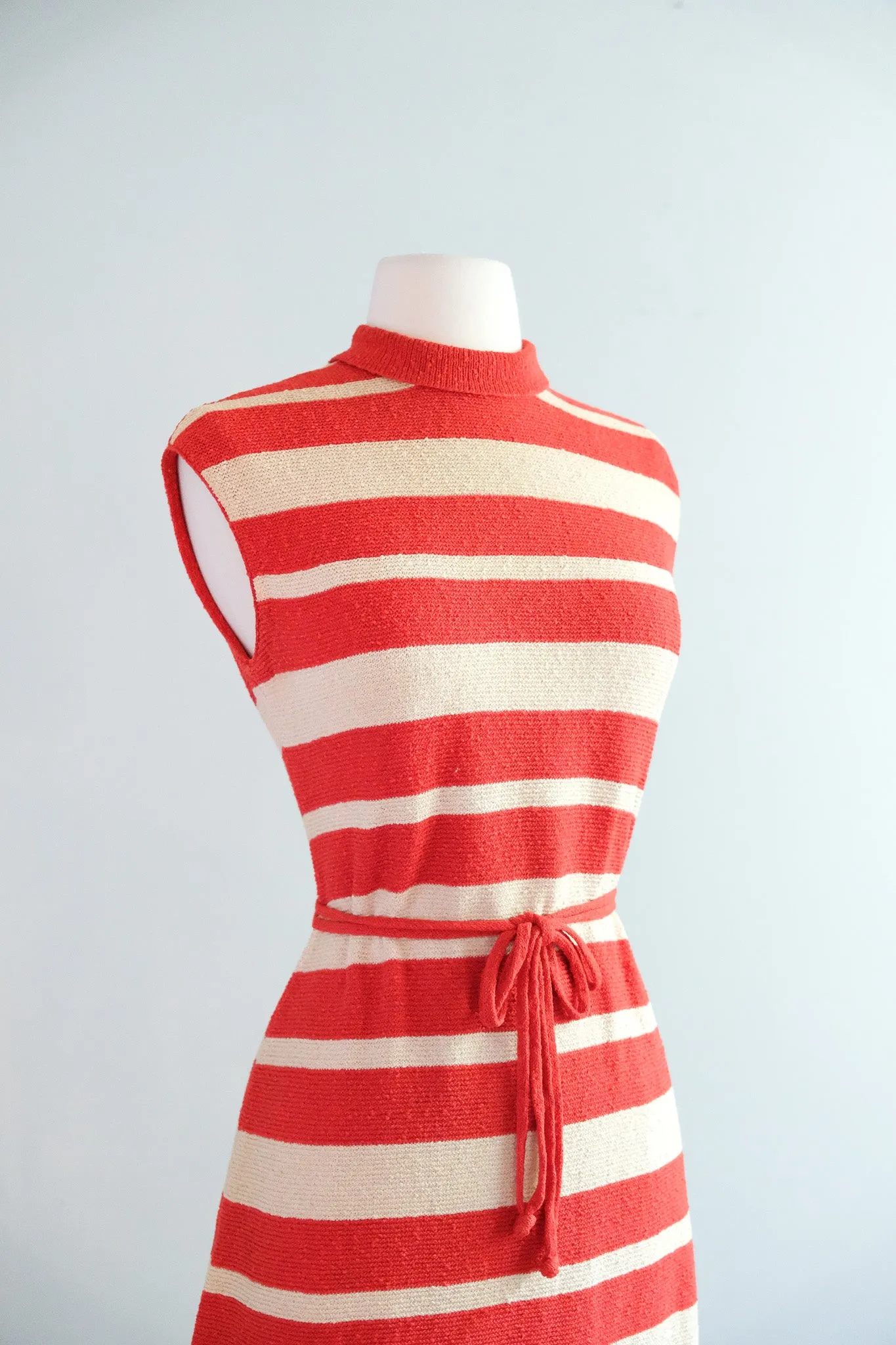 Charming 1960's Tomato Red Striped Knit Dress Set / M