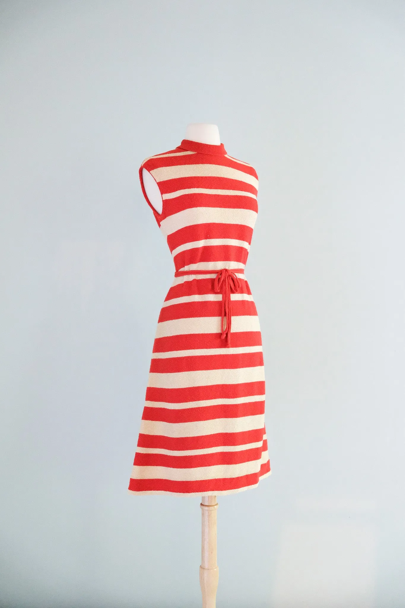 Charming 1960's Tomato Red Striped Knit Dress Set / M
