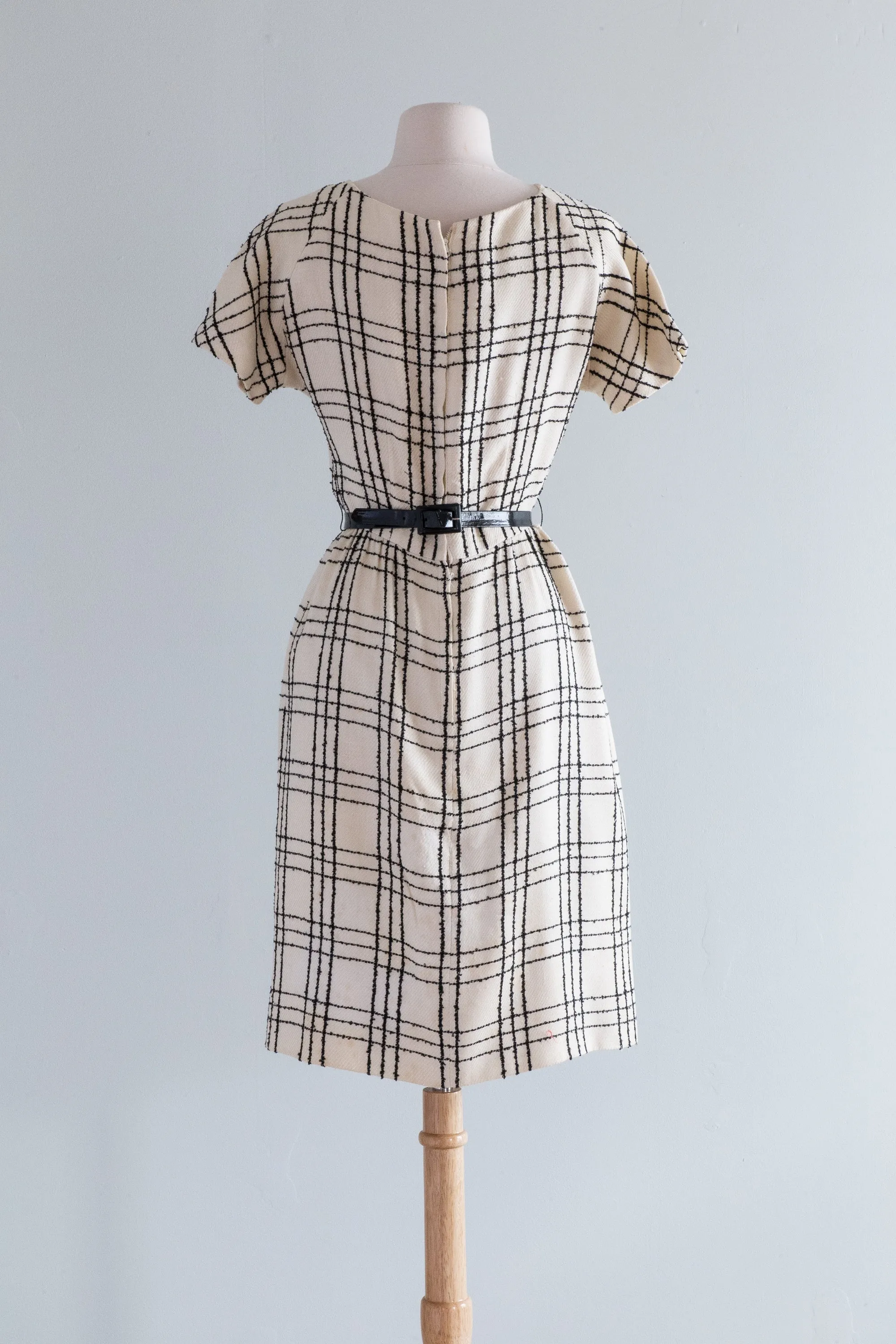 Chic 1960's Window Pane Plaid Dress With Bow Belt / Small