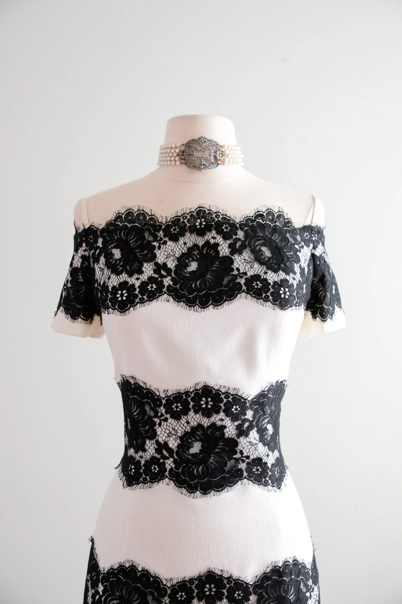 Chic 1990's Black & White Striped Spanish Lace Cocktail Dress by Scaasi / M