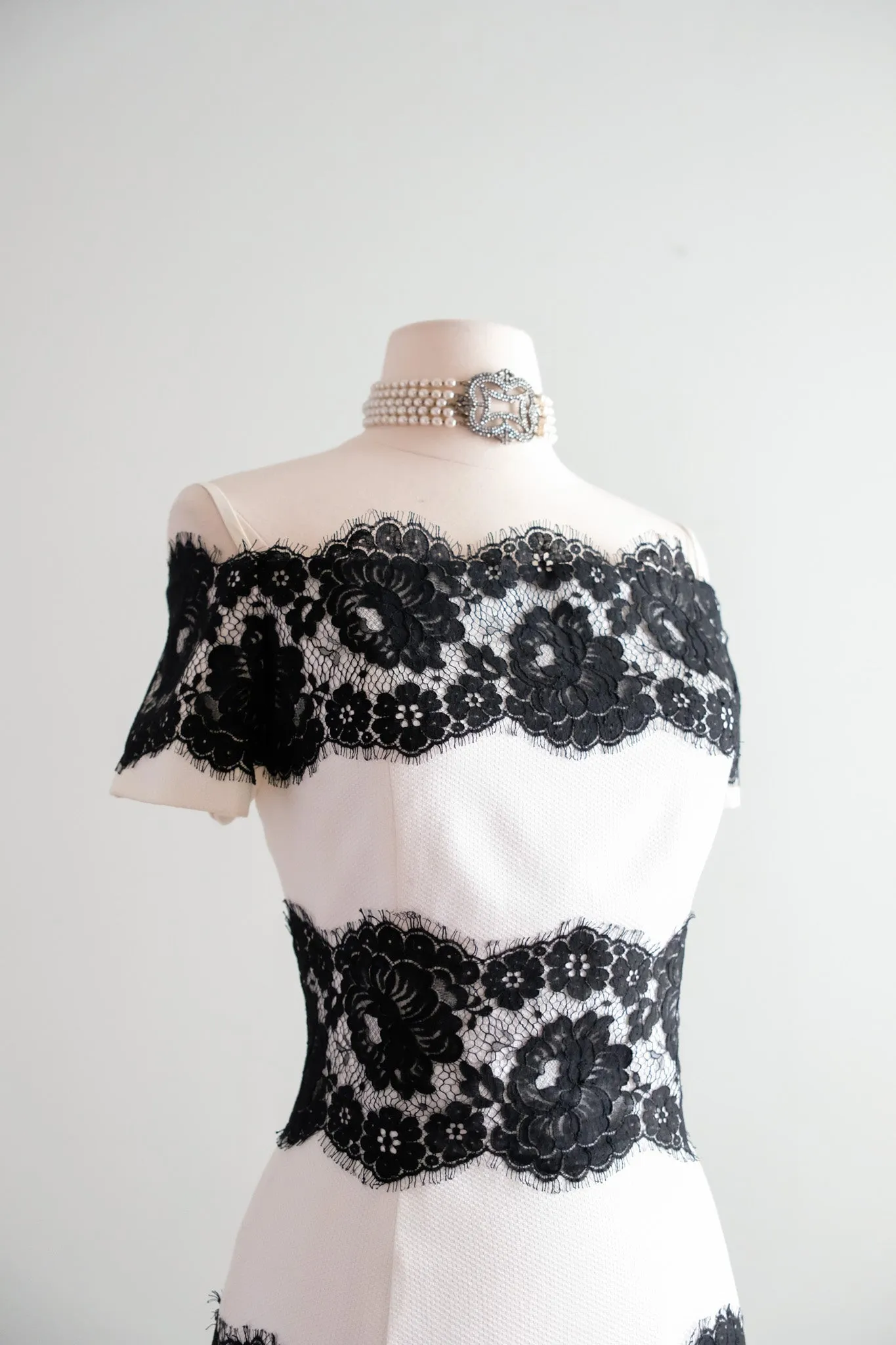 Chic 1990's Black & White Striped Spanish Lace Cocktail Dress by Scaasi / M