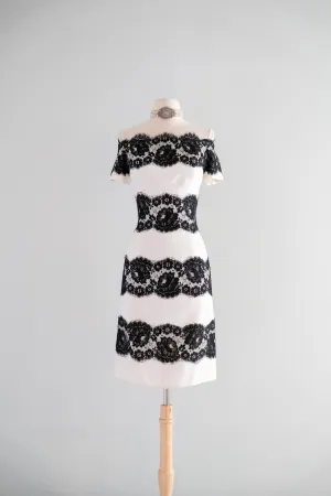 Chic 1990's Black & White Striped Spanish Lace Cocktail Dress by Scaasi / M