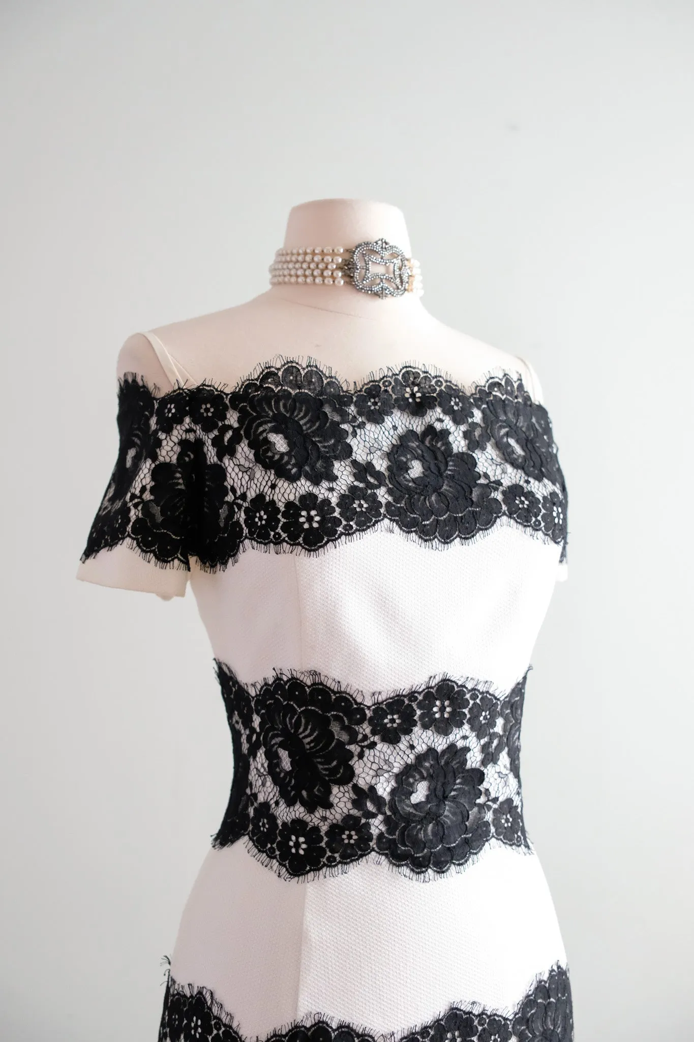 Chic 1990's Black & White Striped Spanish Lace Cocktail Dress by Scaasi / M