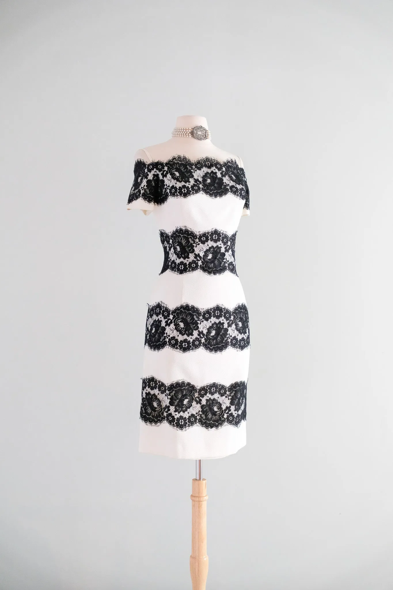 Chic 1990's Black & White Striped Spanish Lace Cocktail Dress by Scaasi / M