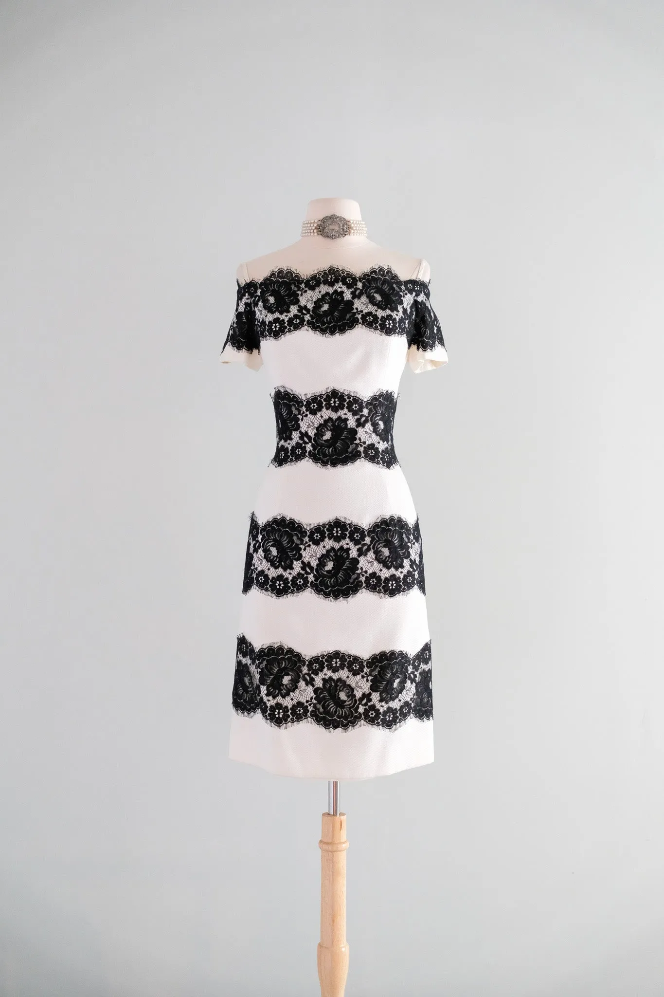 Chic 1990's Black & White Striped Spanish Lace Cocktail Dress by Scaasi / M