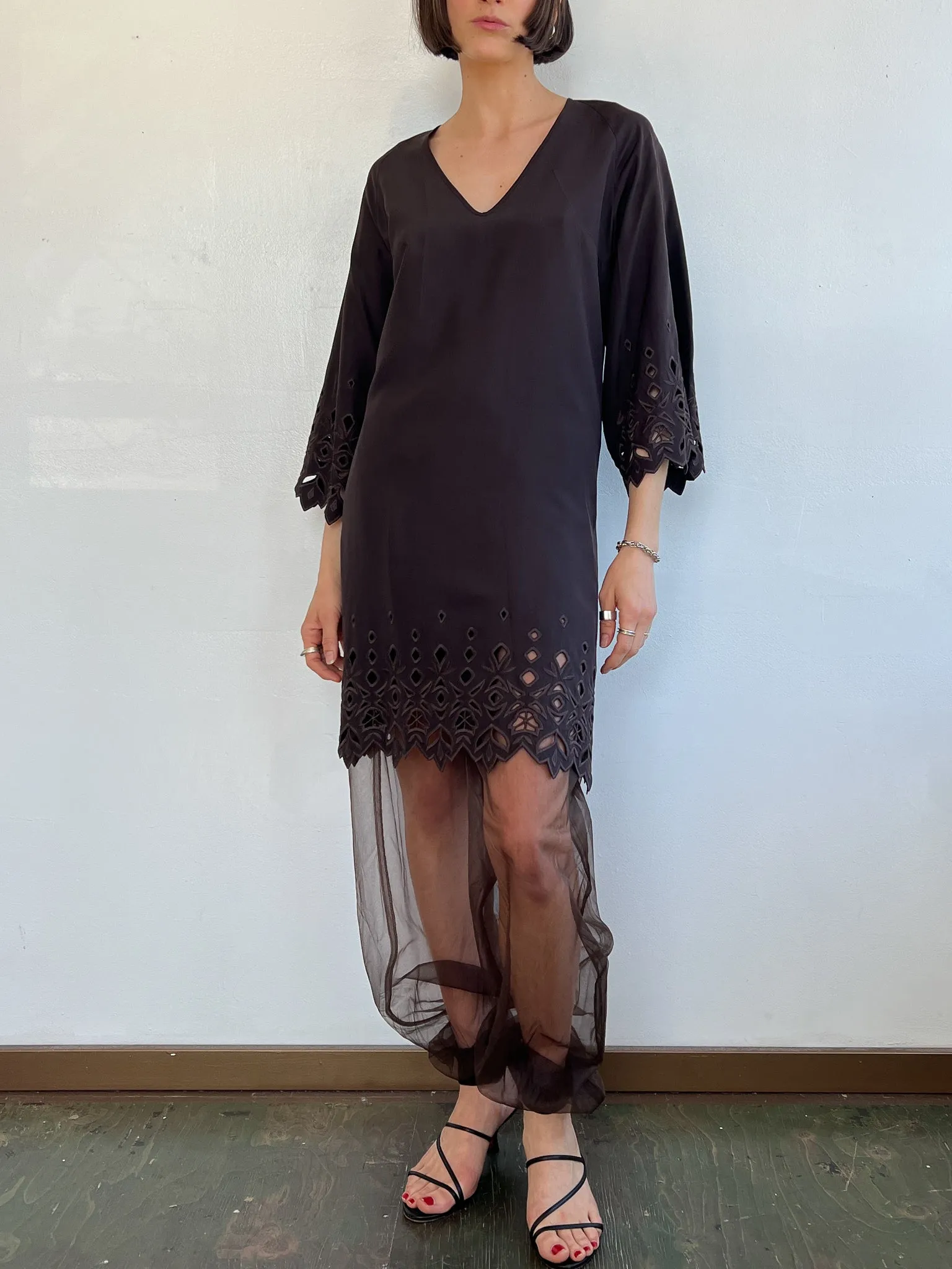 Chloe Cocoa Silk Lasercut Dress (M)