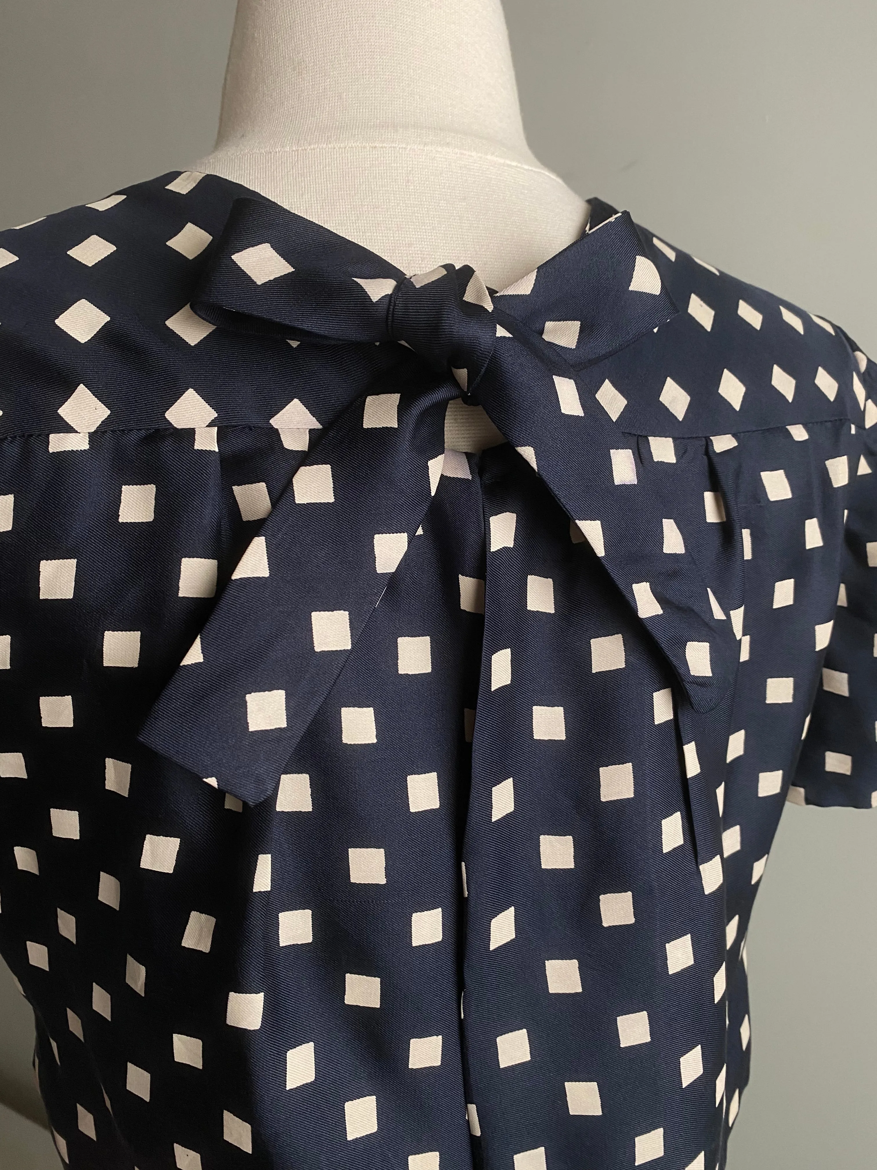 Classic 1950's Navy Polka Dot Silk Dress With Couture Details / XS