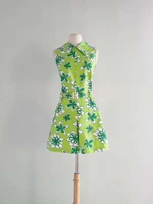 Coolest 1960's Mod Green Floral Print Romper / Sz M