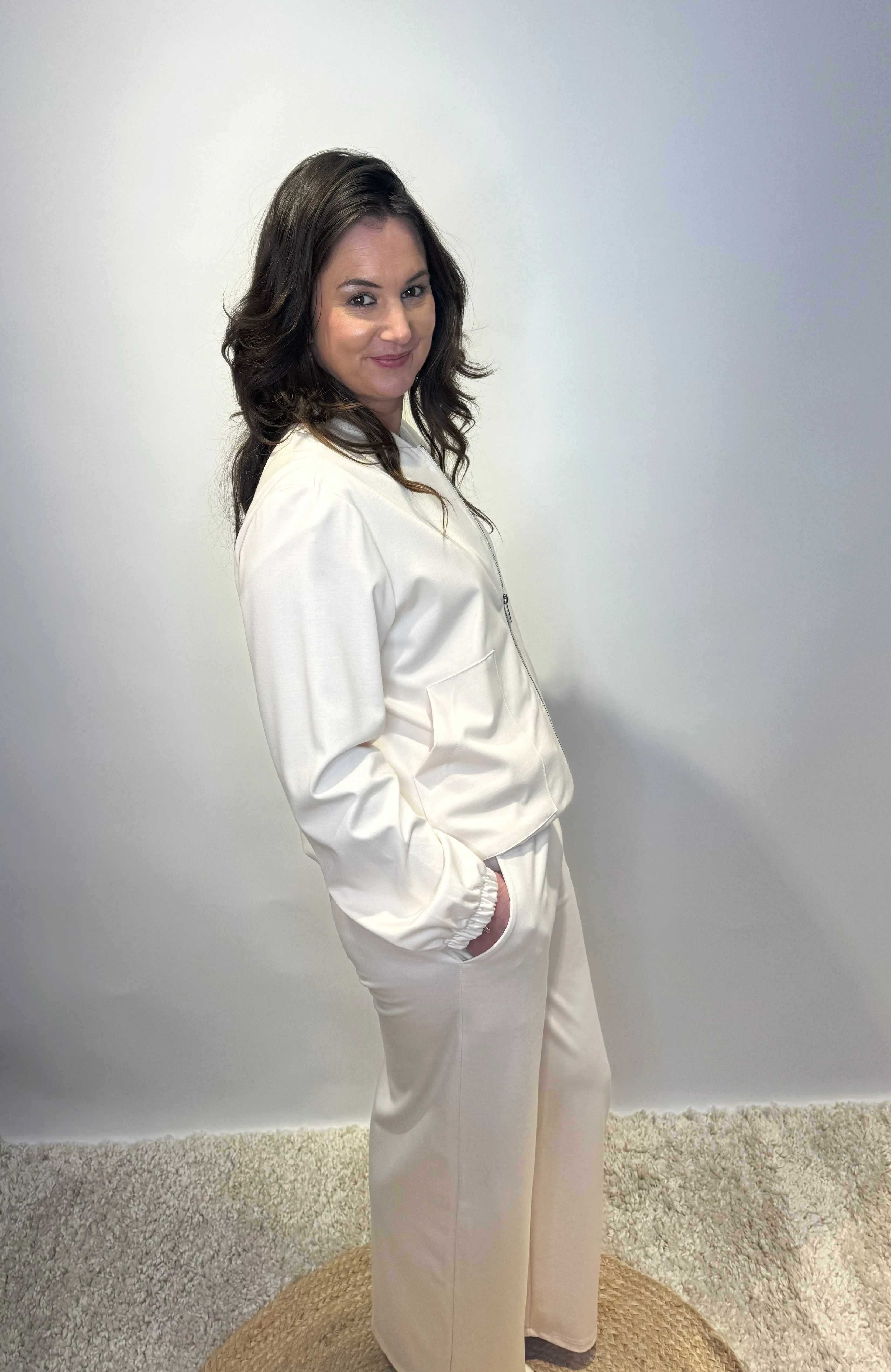 Cream Zip-Front Jacket with Pocket Detail