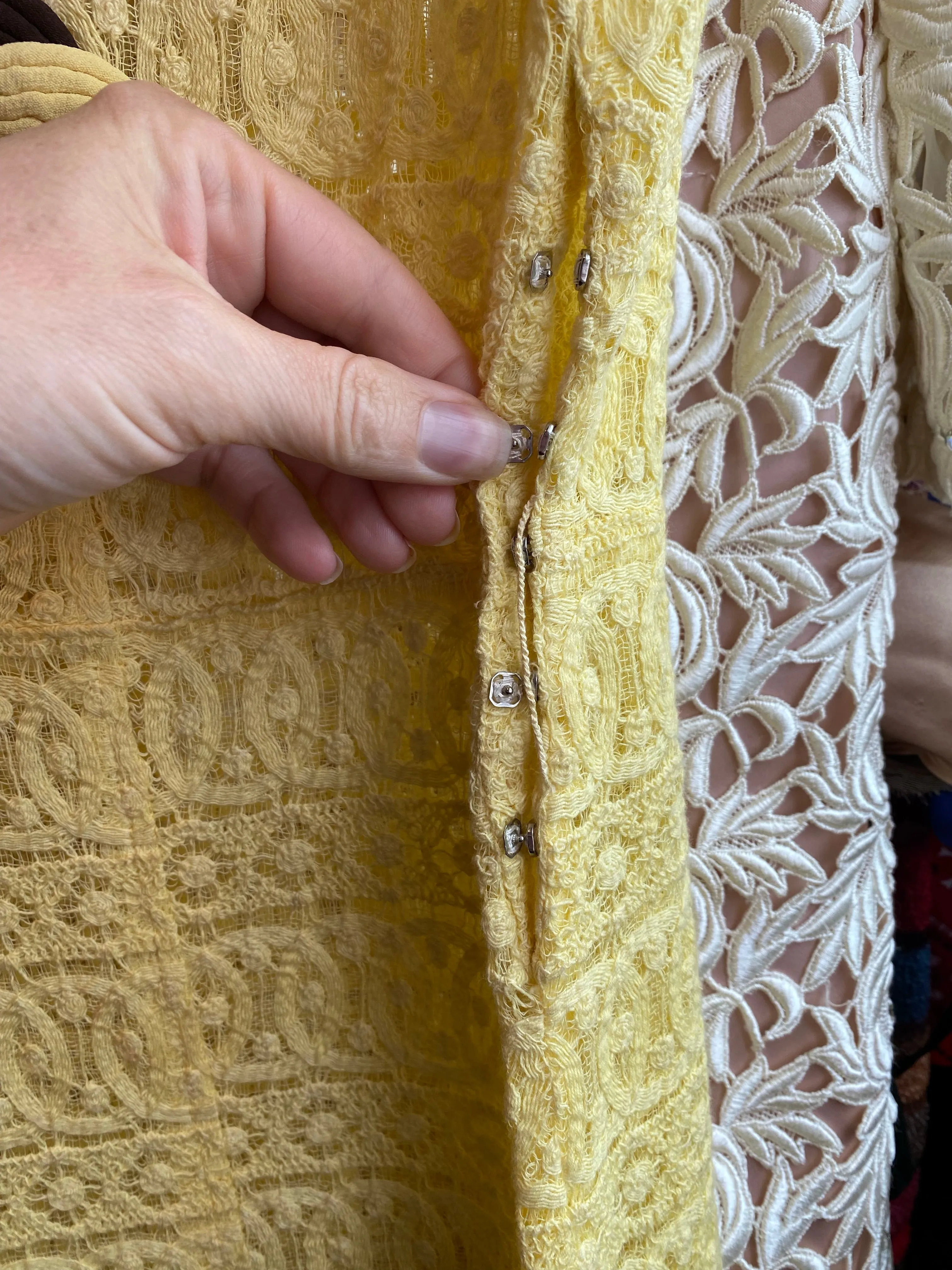 Darling 1930's Yellow Lace Day Dress With Chocolate Decorative Buttons / Medium