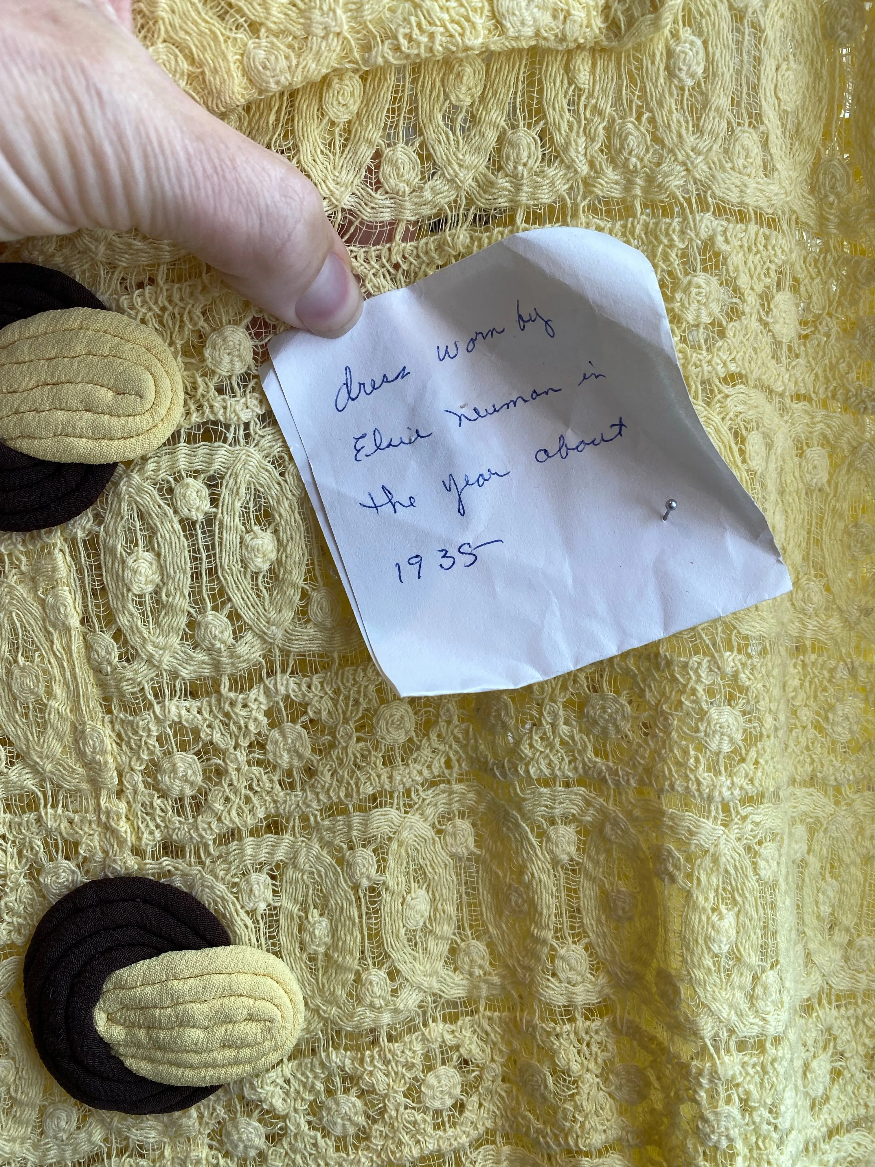 Darling 1930's Yellow Lace Day Dress With Chocolate Decorative Buttons / Medium