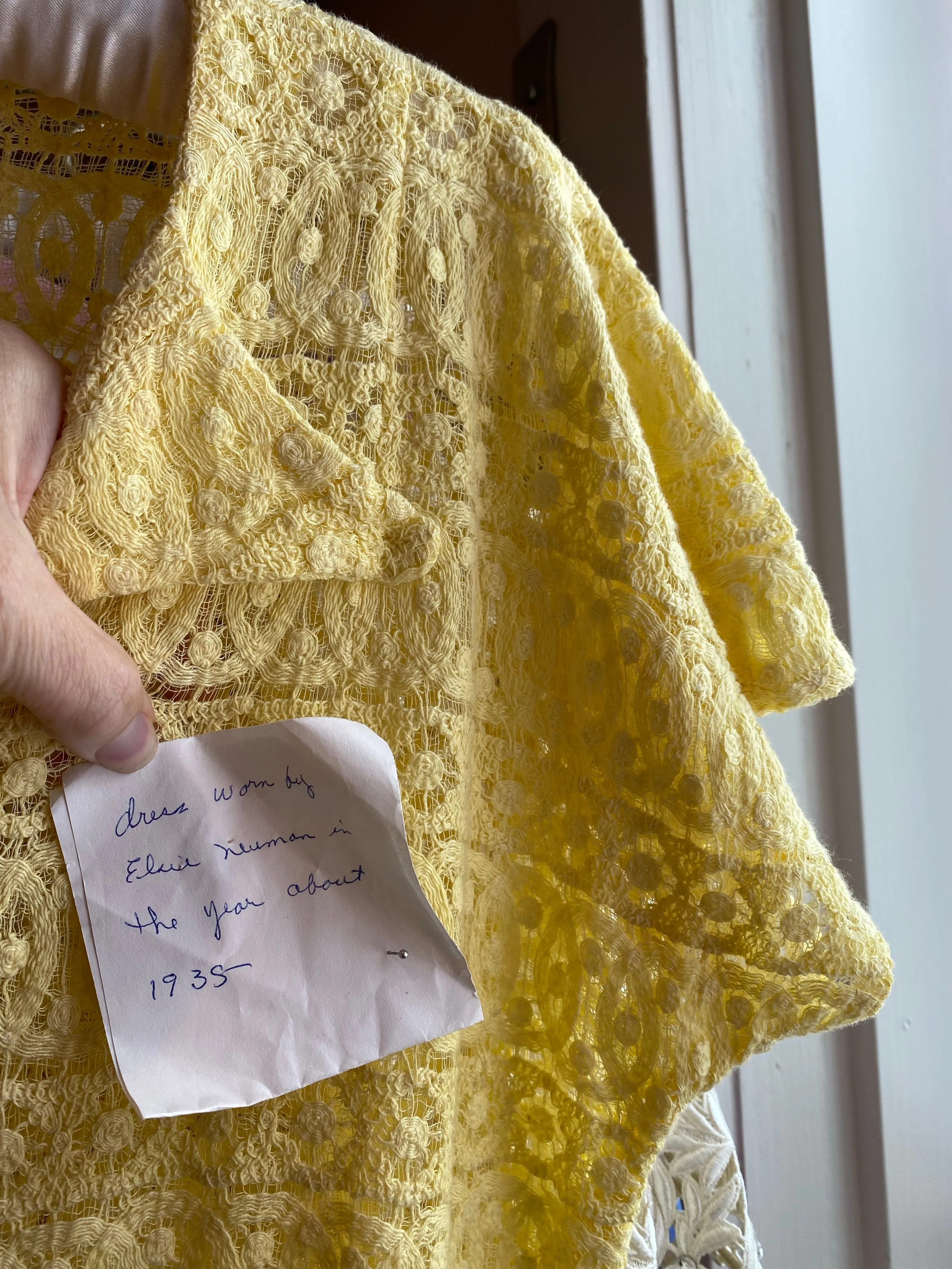 Darling 1930's Yellow Lace Day Dress With Chocolate Decorative Buttons / Medium