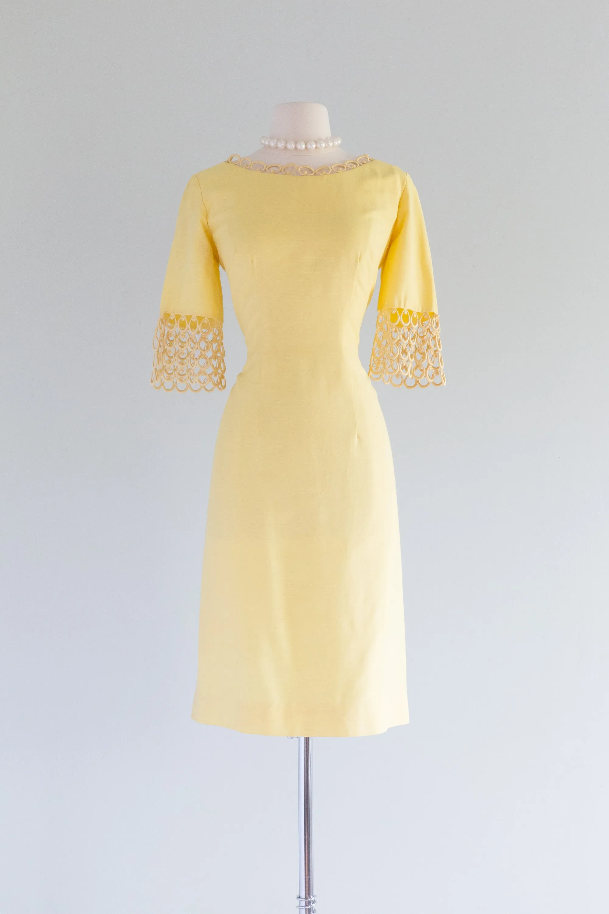 Darling 1960's Buttercup Yellow Wiggle Dress By Claralura / Waist 30"