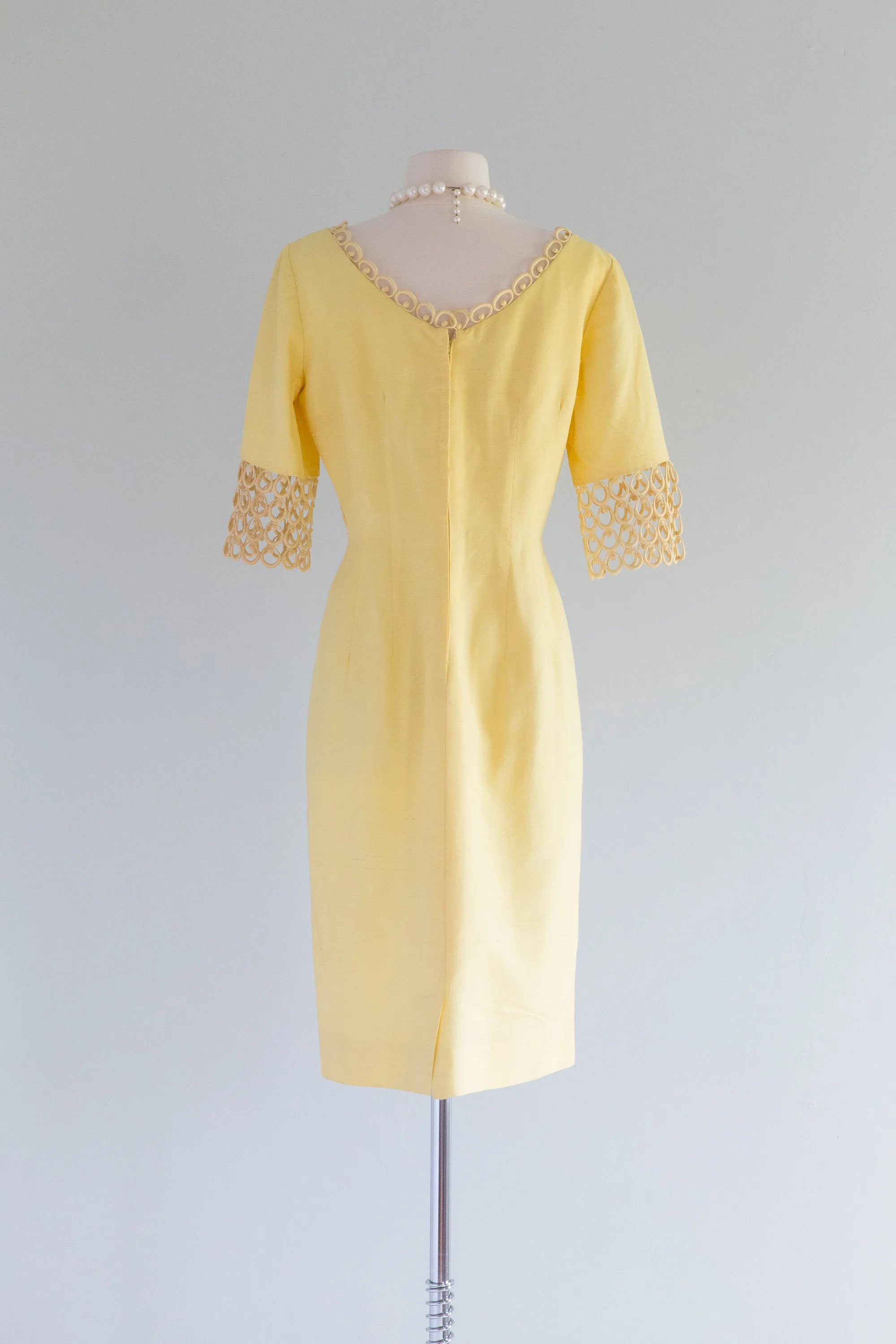 Darling 1960's Buttercup Yellow Wiggle Dress By Claralura / Waist 30"