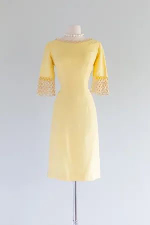 Darling 1960's Buttercup Yellow Wiggle Dress By Claralura / Waist 30"