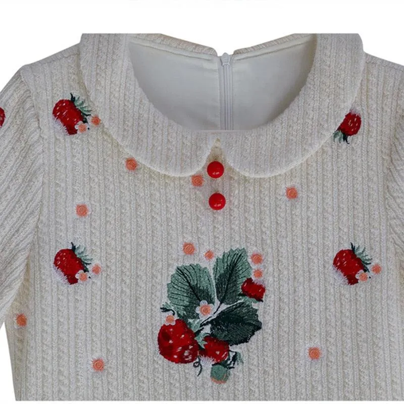 Ella Spring Autumn Winter Vintage Elegant Dress Sweet Strawberry Embroidery 100%Cotton Knitted Dress