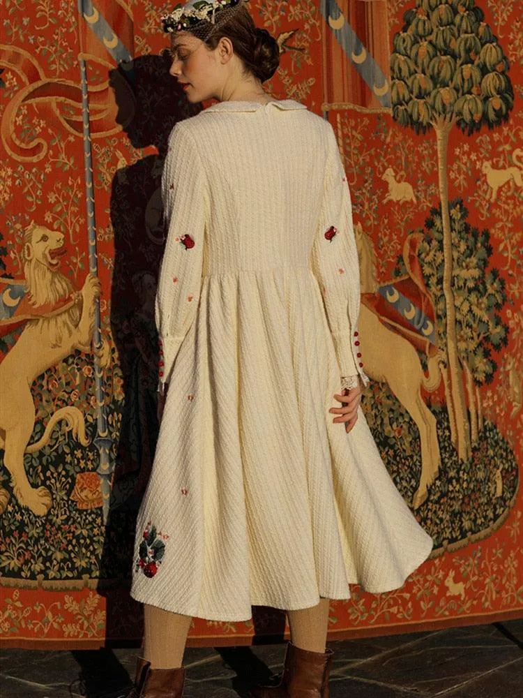 Ella Spring Autumn Winter Vintage Elegant Dress Sweet Strawberry Embroidery 100%Cotton Knitted Dress
