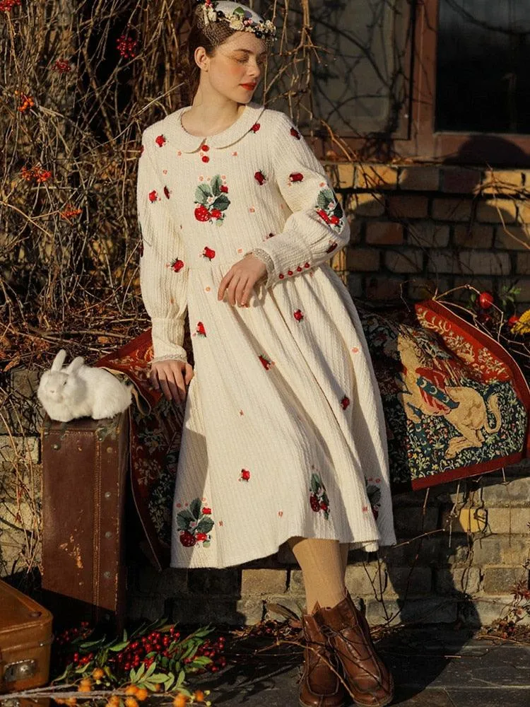 Ella Spring Autumn Winter Vintage Elegant Dress Sweet Strawberry Embroidery 100%Cotton Knitted Dress