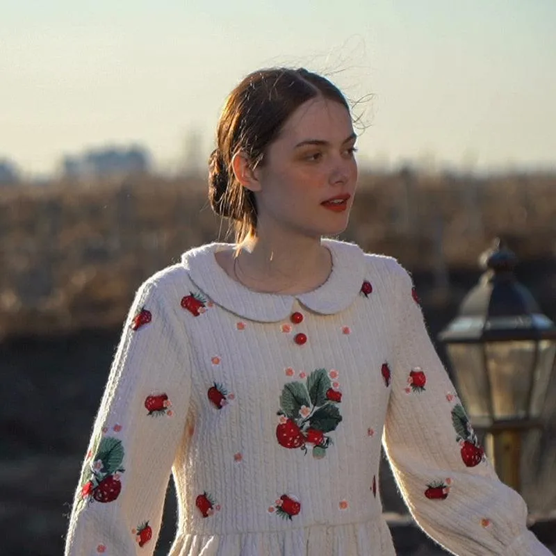 Ella Spring Autumn Winter Vintage Elegant Dress Sweet Strawberry Embroidery 100%Cotton Knitted Dress