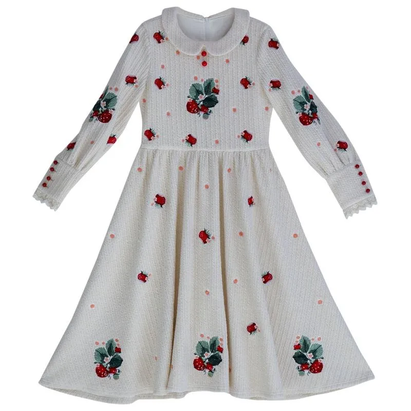 Ella Spring Autumn Winter Vintage Elegant Dress Sweet Strawberry Embroidery 100%Cotton Knitted Dress