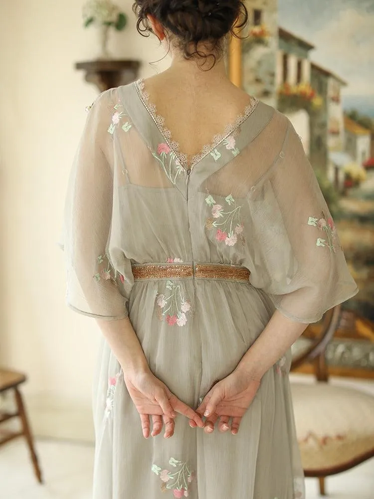Elsie Dress Vintage Elegant Slim Luxury Embroidery Floral Sparkle Sequins High Waist V-Neck Lace Dress