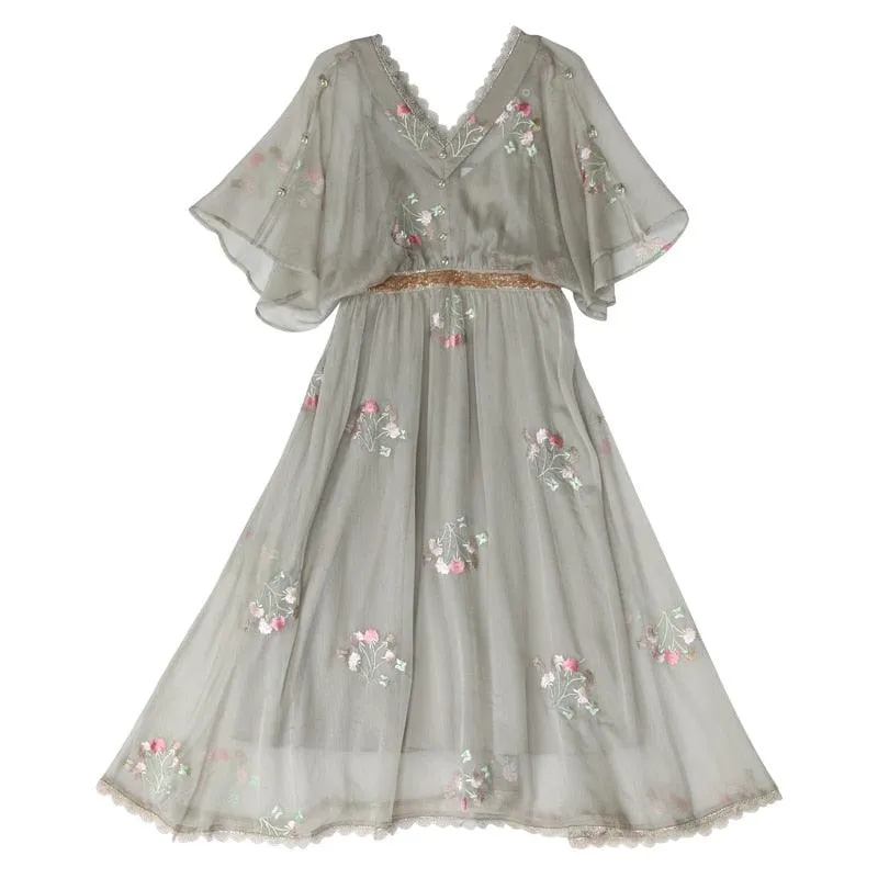 Elsie Dress Vintage Elegant Slim Luxury Embroidery Floral Sparkle Sequins High Waist V-Neck Lace Dress