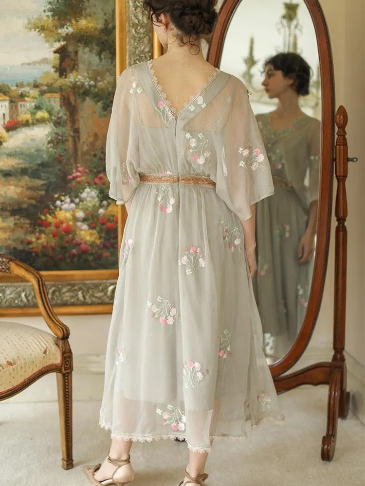 Elsie Dress Vintage Elegant Slim Luxury Embroidery Floral Sparkle Sequins High Waist V-Neck Lace Dress