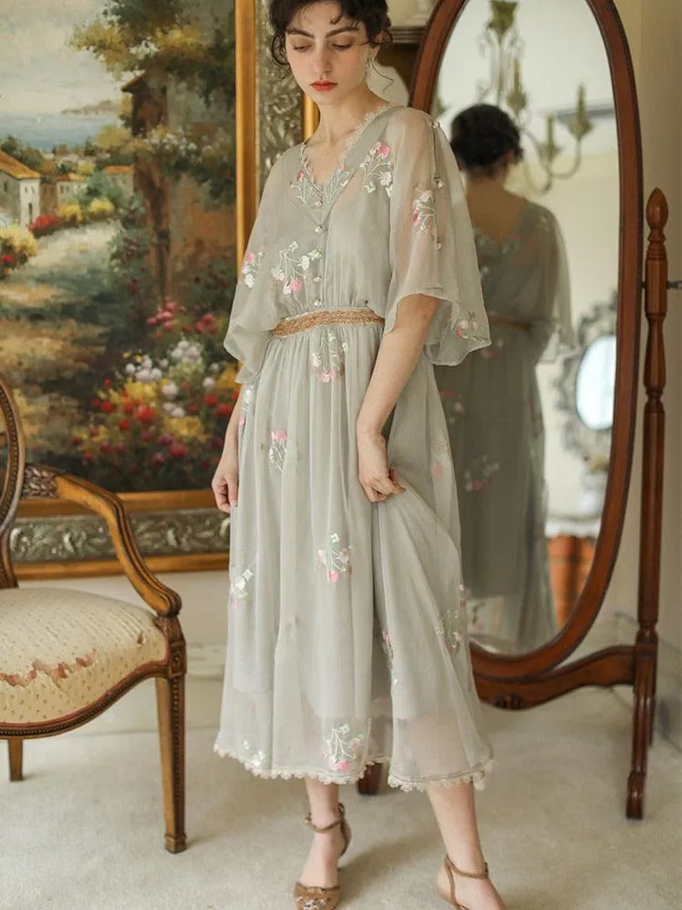 Elsie Dress Vintage Elegant Slim Luxury Embroidery Floral Sparkle Sequins High Waist V-Neck Lace Dress