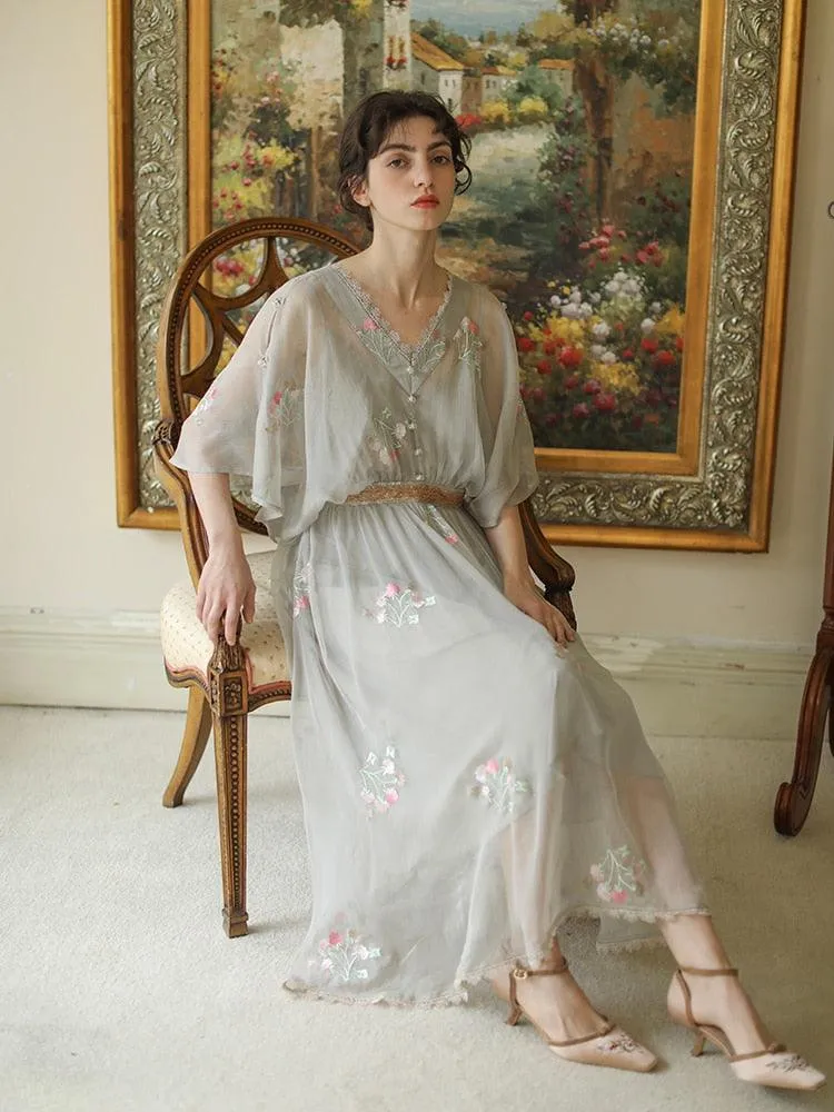 Elsie Dress Vintage Elegant Slim Luxury Embroidery Floral Sparkle Sequins High Waist V-Neck Lace Dress