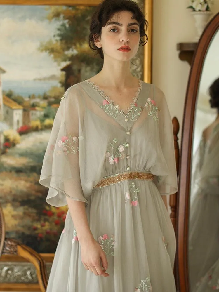 Elsie Dress Vintage Elegant Slim Luxury Embroidery Floral Sparkle Sequins High Waist V-Neck Lace Dress