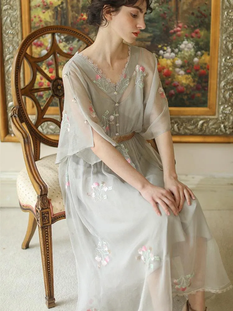 Elsie Dress Vintage Elegant Slim Luxury Embroidery Floral Sparkle Sequins High Waist V-Neck Lace Dress