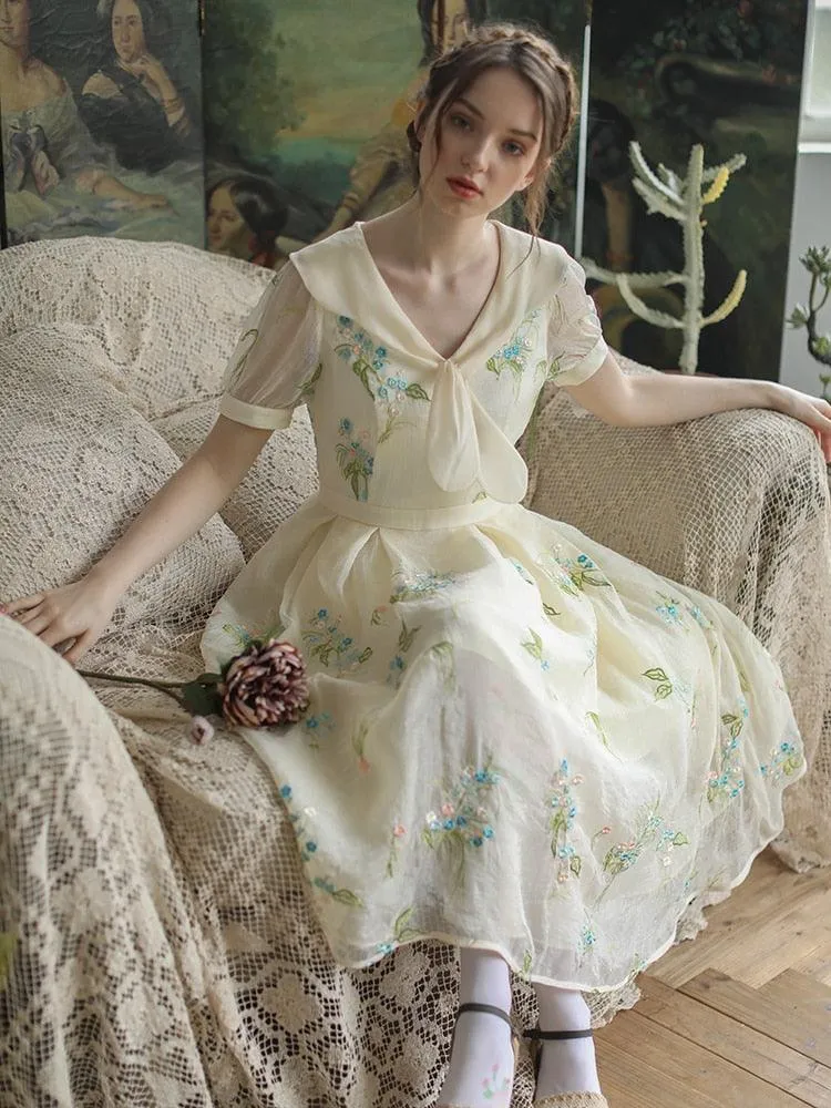 Elsie Spring Summer Dress Vintage Elegant Slim Midi Dress Retro Sweet Bow Collar Mori Girl Luxury Embroidery Casual Long Dress