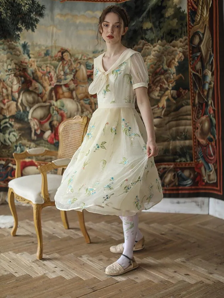 Elsie Spring Summer Dress Vintage Elegant Slim Midi Dress Retro Sweet Bow Collar Mori Girl Luxury Embroidery Casual Long Dress