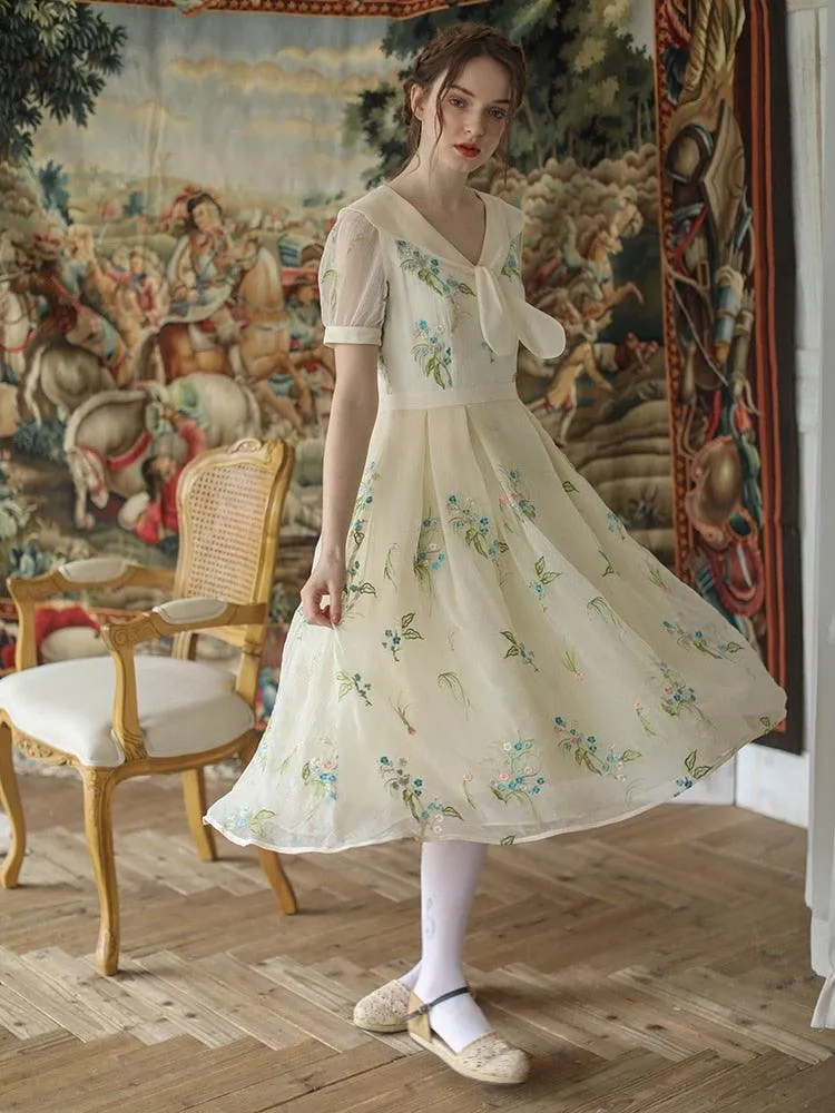 Elsie Spring Summer Dress Vintage Elegant Slim Midi Dress Retro Sweet Bow Collar Mori Girl Luxury Embroidery Casual Long Dress