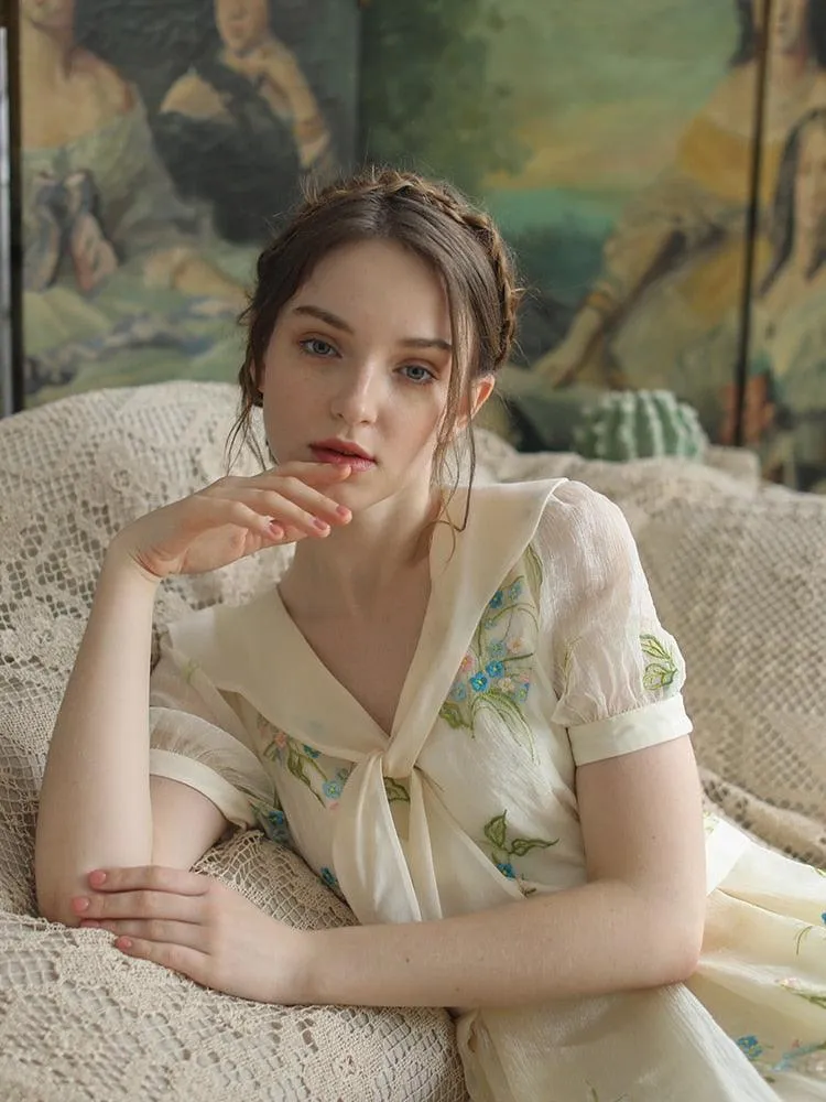 Elsie Spring Summer Dress Vintage Elegant Slim Midi Dress Retro Sweet Bow Collar Mori Girl Luxury Embroidery Casual Long Dress