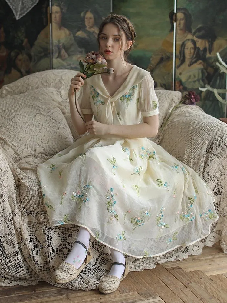 Elsie Spring Summer Dress Vintage Elegant Slim Midi Dress Retro Sweet Bow Collar Mori Girl Luxury Embroidery Casual Long Dress