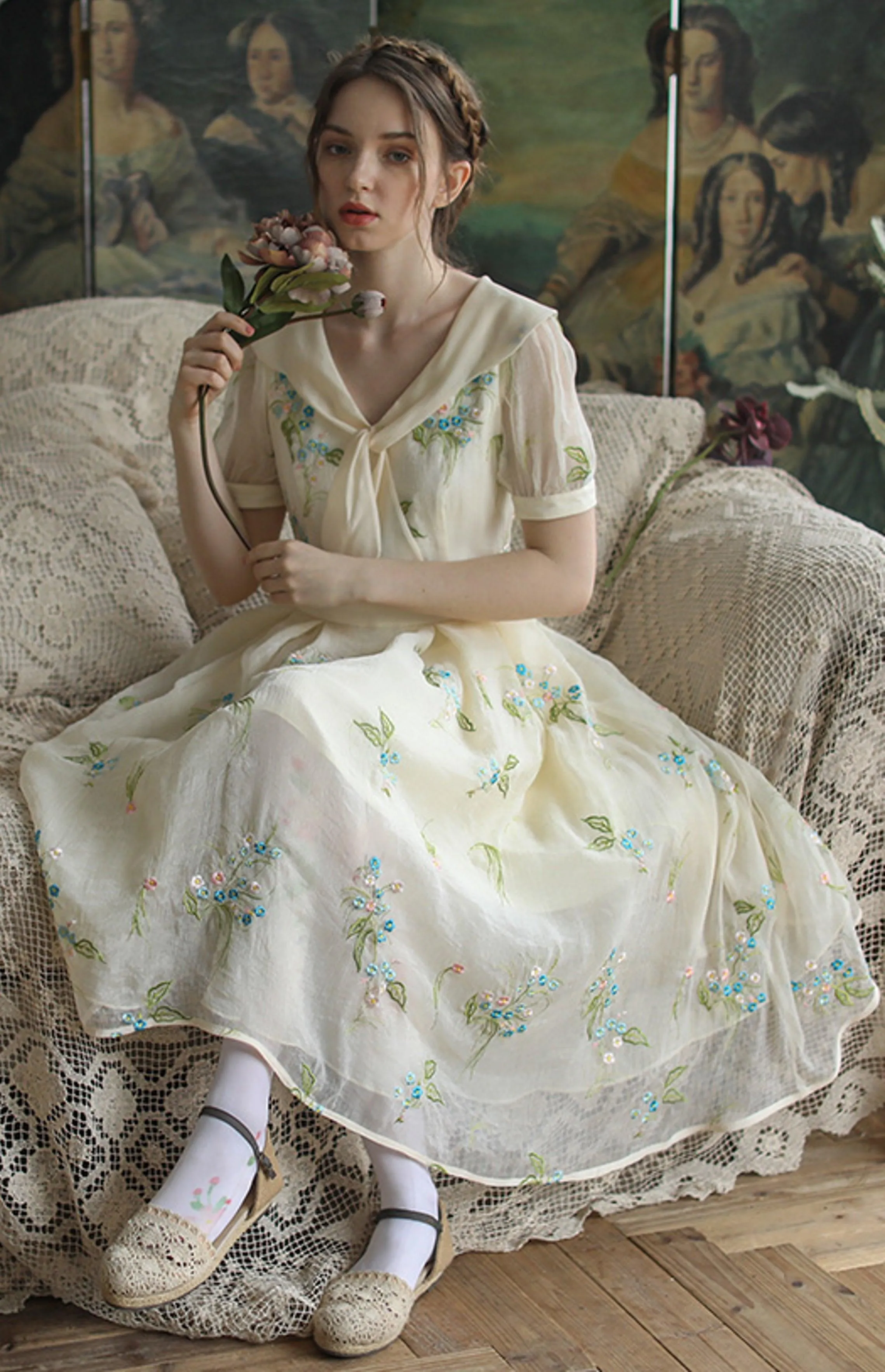 Elsie Spring Summer Dress Vintage Elegant Slim Midi Dress Retro Sweet Bow Collar Mori Girl Luxury Embroidery Casual Long Dress