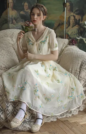 Elsie Spring Summer Dress Vintage Elegant Slim Midi Dress Retro Sweet Bow Collar Mori Girl Luxury Embroidery Casual Long Dress
