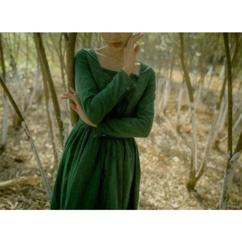 Elsie Vintage Pastoral Style Green Cotton And Linen Long Dress Medieval Retro Elegant Slim Bandage Dresses