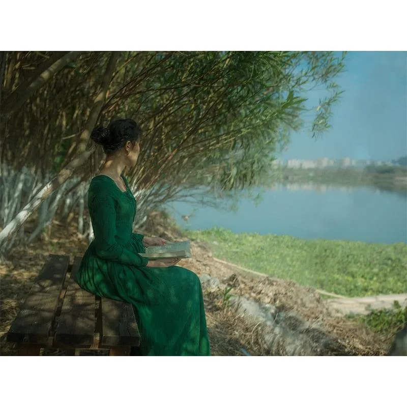 Elsie Vintage Pastoral Style Green Cotton And Linen Long Dress Medieval Retro Elegant Slim Bandage Dresses