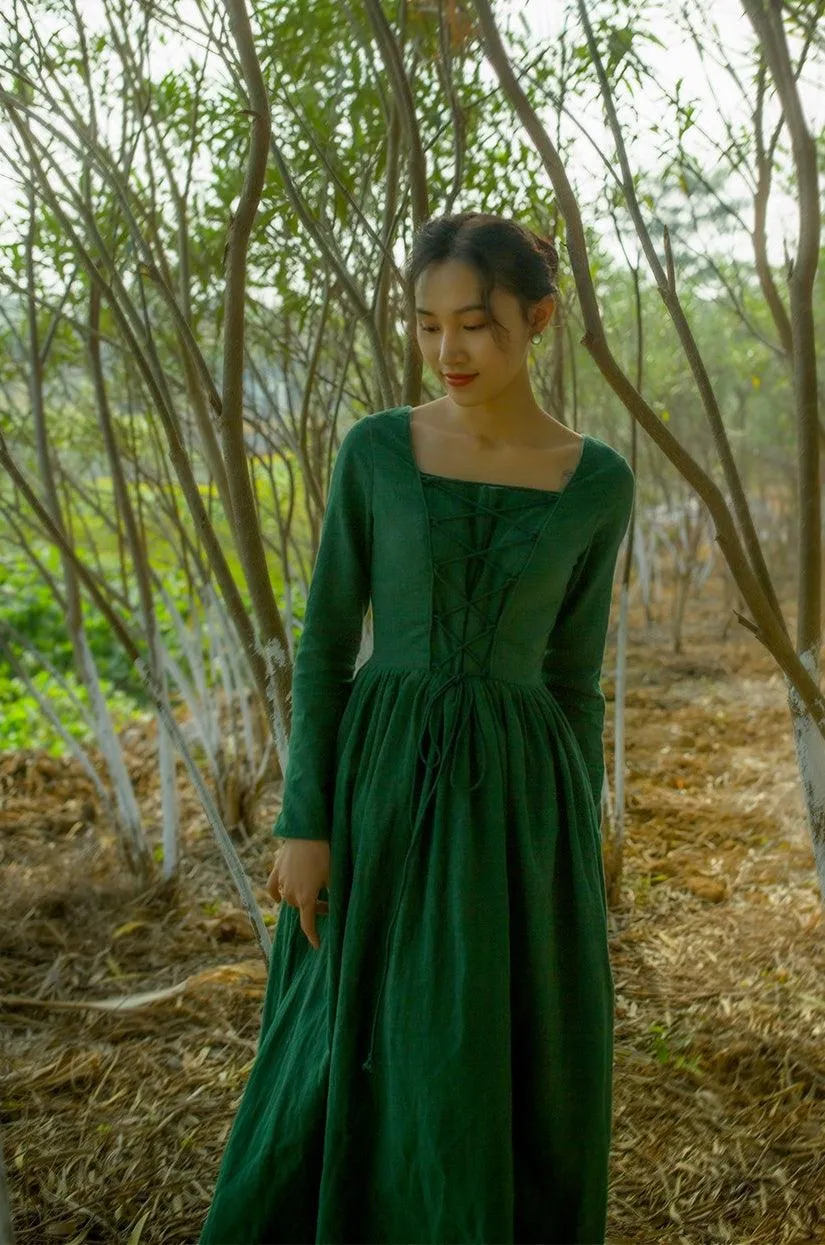 Elsie Vintage Pastoral Style Green Cotton And Linen Long Dress Medieval Retro Elegant Slim Bandage Dresses