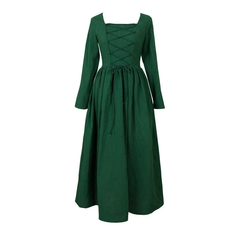 Elsie Vintage Pastoral Style Green Cotton And Linen Long Dress Medieval Retro Elegant Slim Bandage Dresses
