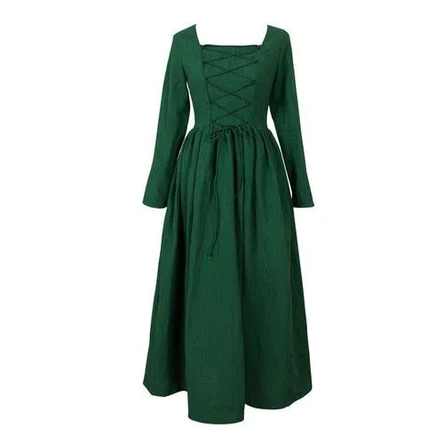 Elsie Vintage Pastoral Style Green Cotton And Linen Long Dress Medieval Retro Elegant Slim Bandage Dresses