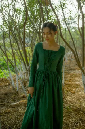 Elsie Vintage Pastoral Style Green Cotton And Linen Long Dress Medieval Retro Elegant Slim Bandage Dresses