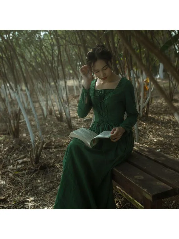 Elsie Vintage Pastoral Style Green Cotton And Linen Long Dress Medieval Retro Elegant Slim Bandage Dresses