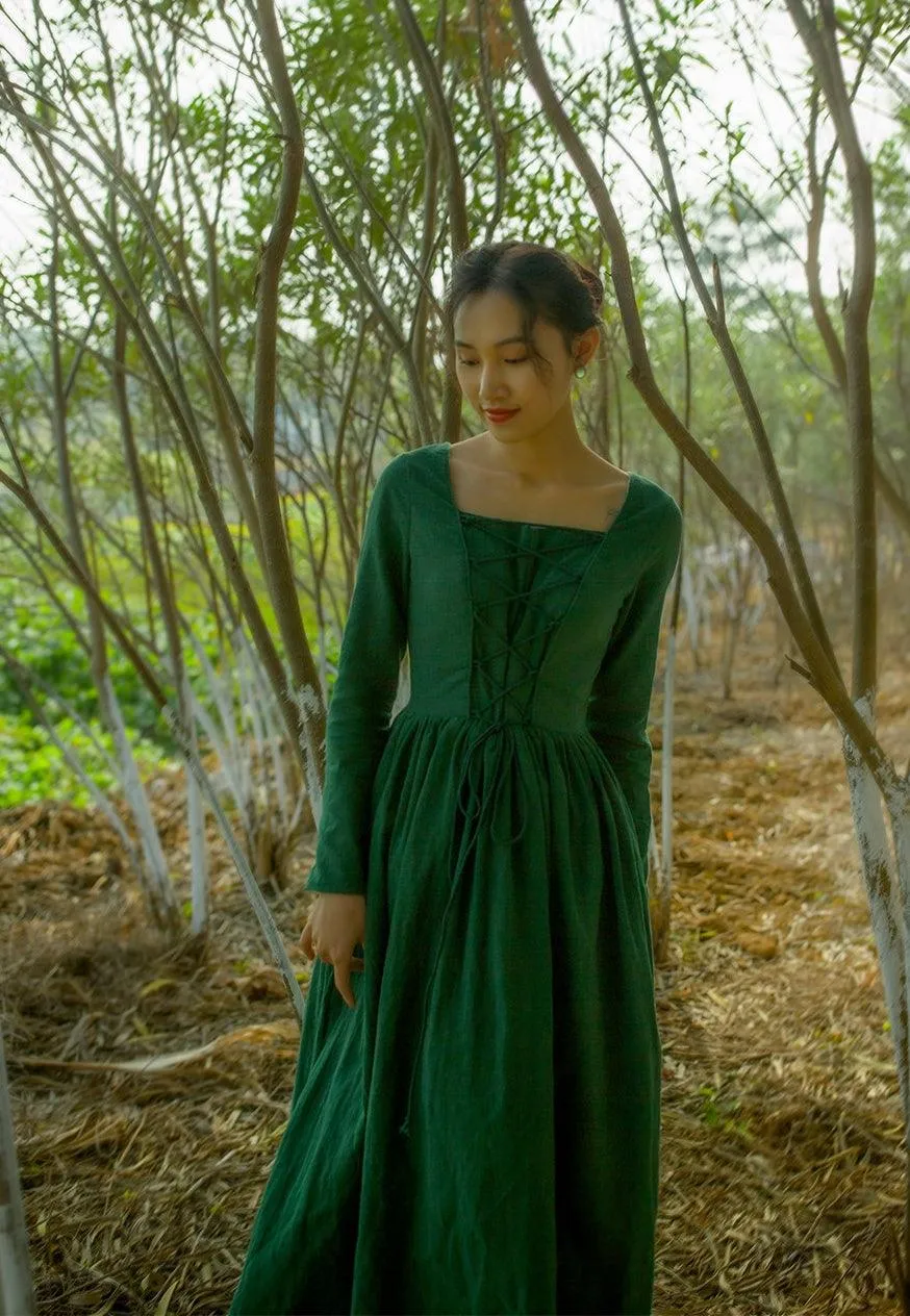 Elsie Vintage Pastoral Style Green Cotton And Linen Long Dress Medieval Retro Elegant Slim Bandage Dresses