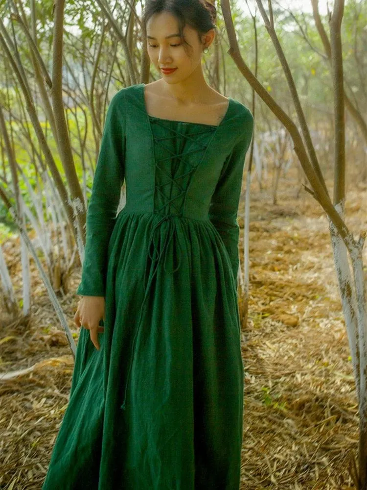 Elsie Vintage Pastoral Style Green Cotton And Linen Long Dress Medieval Retro Elegant Slim Bandage Dresses